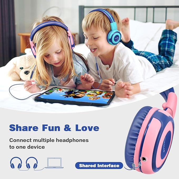 SIMOLIO 2 Pack Headphones for Kids with Share Port & Mic, 75dB/85dB/94dB Safe Volume Limit, Wired School Headphones for Girls Boys Children Tablet Laptop Travel (Mint,Pink)