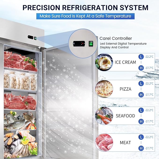 54"W 2 Door Commercial Freezer, 49 Cu.ft Stainless Steel Reach-in Upright Fan Cooling Freezer for Restaurant Bar Shop, etc