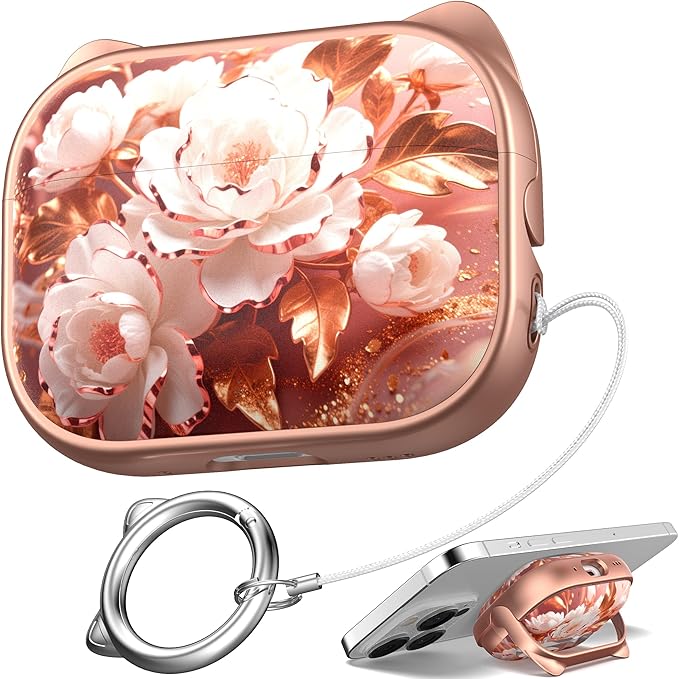 for AirPods Pro 2 Case with Cleaning Kit, Cute Cat Ear Print Design & Cute Buckle for Girls, Phone Holder & Top Safe Lock Buckle Design for AirPods Pro 2nd/1st Gen case, Rose Gold Peony