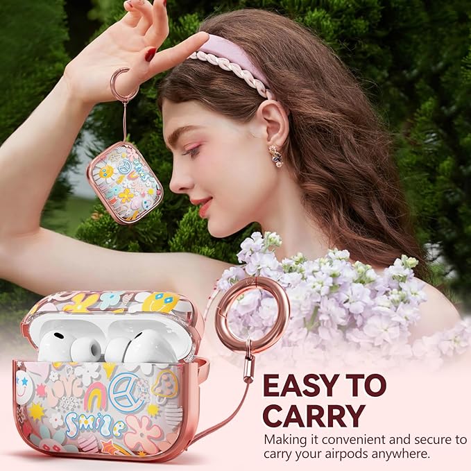 Inesore for AirPods Pro 3 Case 2025 with Lock, for Women Girly Floral Clear Case Compatible with Apple Airpods Pro 3rd Generation Cover, with Phone Stand,Keychain & Cleaner Kit-Pink Smile Graffiti