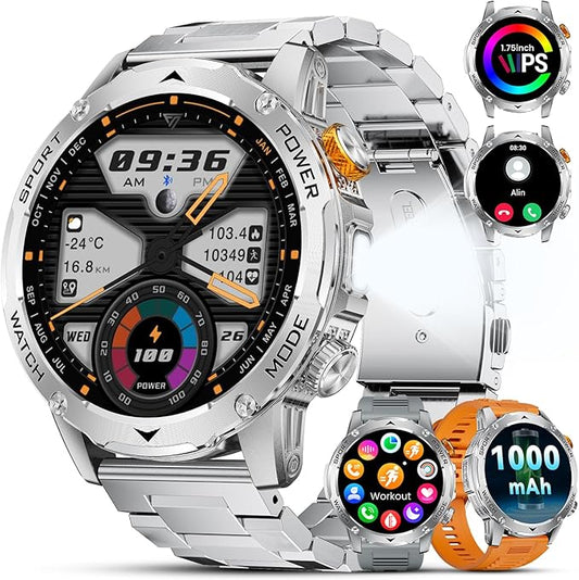 Military Smart Watch for Men 1000 mAh Battery/3 Bands/Flashlight,1.75'' HD Display Smart Watch with Call,IP68 Waterproof Fitness Tracker with Heart Rate,Sleep Monitor,100+ Sport Modes,for iOS Android
