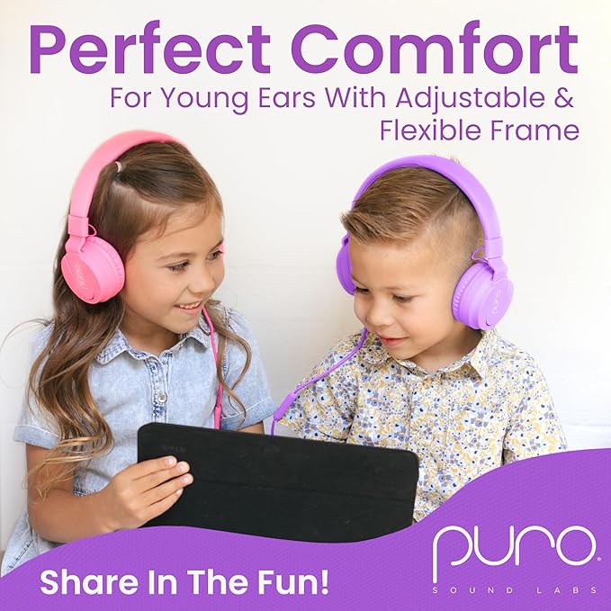 Puro Sound Labs Kids Wired Headphones – Volume-Limiting & Adjustable, Safe & Comfortable Headphones for Kids – Compatible with PCs, Smartphones & Tablets, Ideal for School & Travel – PuroBasic, Purple