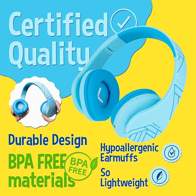 PowerLocus Kids Headphones Over-Ear, Bluetooth Wireless Headphones for Kids,with Microphone, Safe 85DB Volume Limited, Foldable with Carry Case, Audio Cable, Micro SD mode for Online Classes,PC,Phones
