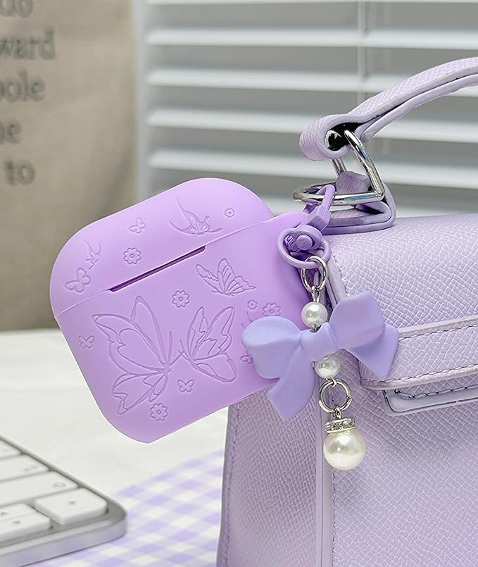 for Airpods 4 Case Cover with Bow Keychain, DamonLight Cute Flower Floral Engraved Silicone Protective Case Cover Compatible with Apple Airpods 4 Case 2024 for Women and Girls, Purple