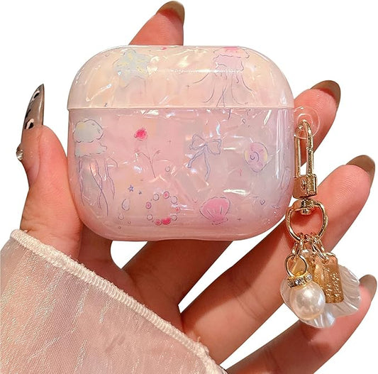 for AirPod 4 Case Cute Shell Pearl Ocean Design for Women Girls TPU Protective Cover with Keychain Compatible for AirPods 4th Generation (Glitter Jellyfish)