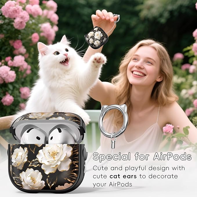 for AirPods 4 Case with Cleaning Kit, Cute Cat Ear Print Design & Cute Buckle, Inverted Phone Holder Design, Top Safe Lock Buckle Design, for Girls AirPods 4 case 2024, Black Peony