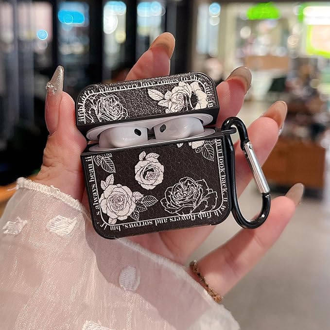 for AirPod 4 Case for Women Girls Cute Retro Flower Design with Keychain PU Leather Squre Shockproof Protective Cover Compatible with AirPods 4th Gen Case (Retro Rose Black)