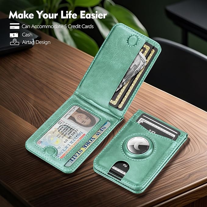 Compatible with Magsafe Case with RFID Blocking Card Holder AirTag pocket for iPhone 17/16/15/14/13/12 Pro/Pro Max/PlusSeries,Not Fit iPhone Mini,Blue Green