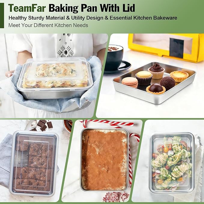 TeamFar Rectangular Cake Pan with Lid, 9.3’’ x 7’’ Stainless Steel Small Lasagna Baking Roasting Pan, Non-Toxic & Deep Side, Dishwasher Safe