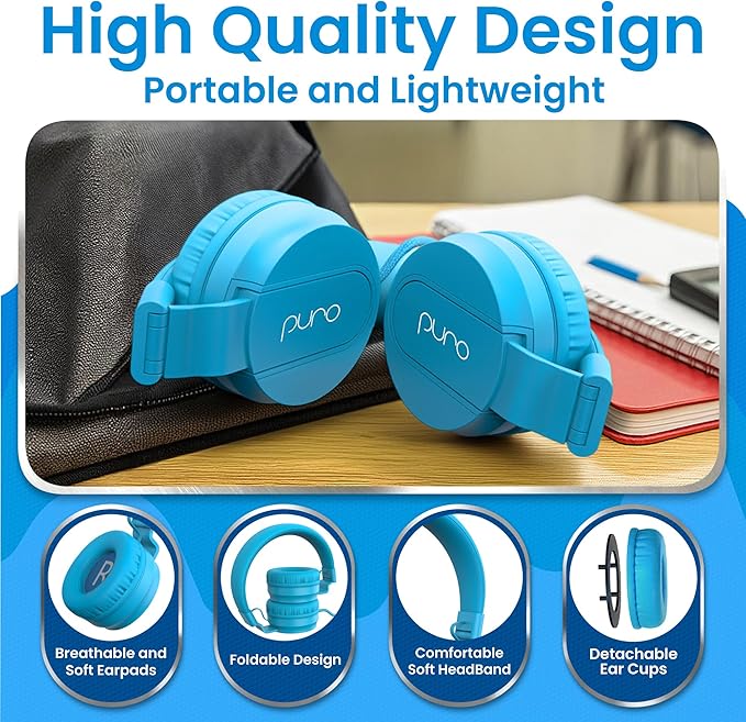 Puro Sound Labs Wired Headphones for Kids - Volume-Limiting, Adjustable Mic & Compatible with Smartphones, Tablets & PCs – Safe, Durable Kids Headphones for School & Travel – PuroBasic, Blue & Green