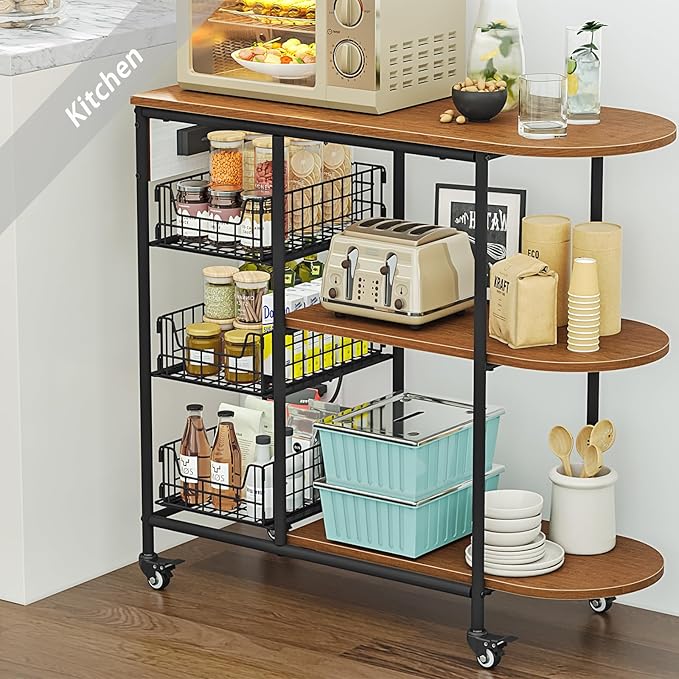 LINZINAR Kitchen Bakers Rack with Power Outlet Coffee Bar Table 3 Tiers Microwave Oven Stand with Wheels Pull-Out Wire Basket Kitchen Storage Shelf Rack for Spices Pots and Pans (Redbrown, 3Tier)