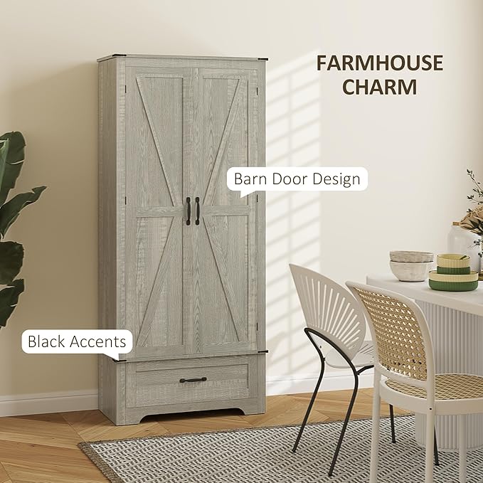 HOMCOM 72" Tall Farmhouse Kitchen Pantry Cabinet - Kitchen Storage Cabinet with Adjustable Shelves & 2 Barn Doors & Drawer, Versatile Storage Unit for Dining Room, Distressed Light Gray