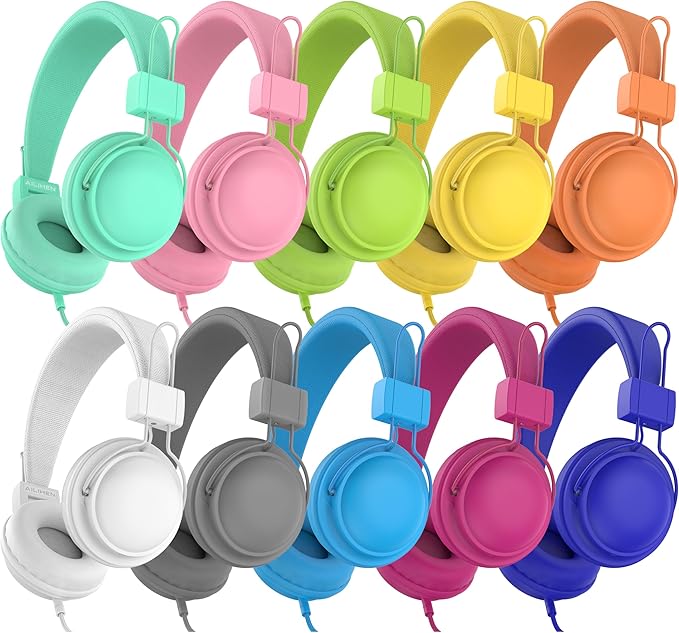 AILIHEN Kids Headphones for School, Classroom Headphones Bulk 10-Pack for K-12th Grade Students, 85dB Volume Limit, Shareable, Foldable, 3.5mm Jack for Library, Online Learning (Multicolor)
