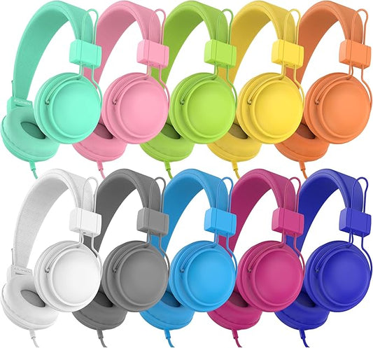 AILIHEN Kids Headphones for School, Classroom Headphones Bulk 10-Pack for K-12th Grade Students, 85dB Volume Limit, Shareable, Foldable, 3.5mm Jack for Library, Online Learning (Multicolor)