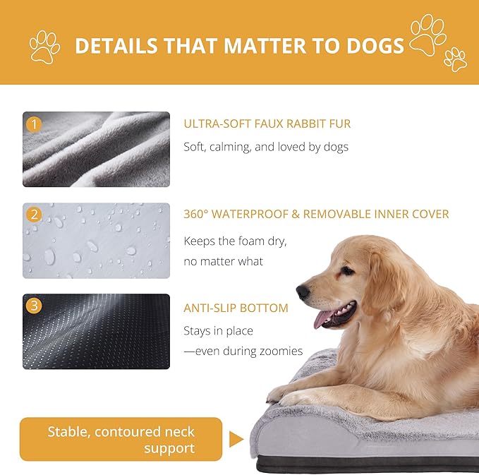 EGOHOME Waterproof Dog Beds for Large Dogs,Orthopedic Dog Bed with Pillow for Crate,Memory Foam Pet Bed Mat-Egg Crate Foam Support,Removable Washable Cover,Non-Slip Bottom-Grey,41x27x5.3 Inches