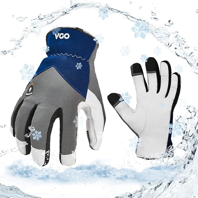 Vgo... 1Pair 0℃/32°F Winter Leather Work Gloves, Cold Weather Waterproof Safety Work Gloves,Cold Storage or Freezer Use,w/3M Thinsulate Lining(Size XL, Gray, GA7711FW)