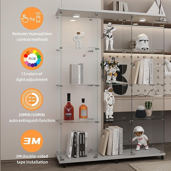 LFT HUIMEI2Y Glass Display Cabinet 12 Shelves with 3 Columns 2 Doors, LED Light and Lock, Extra Large Curio Cabinets Quick-Install Style Tempered Glass Bookshelf for Living Room, Kitchen White