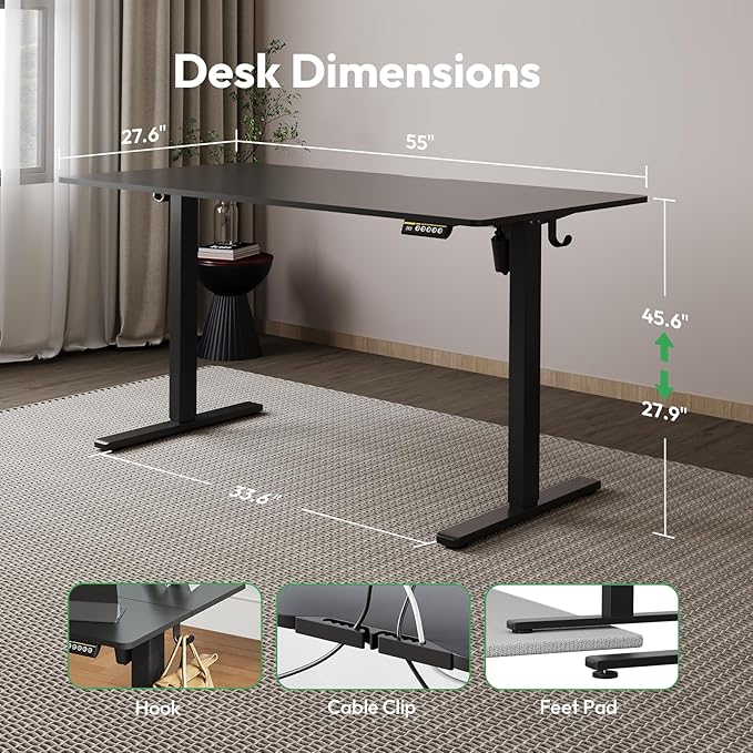 55x28 Large Electric Standing Desk Adjustable Height Stand Up with Lockable Wheels 27.6" Deep Ergonomic Sit Stand Desk for Home Office Work Computer Desk Workstation