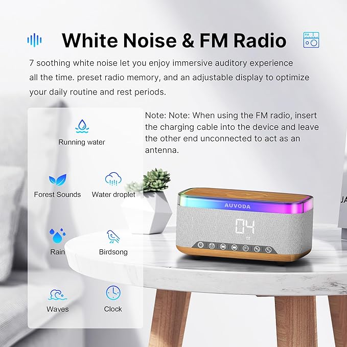 S300 16W Stereo Bluetooth Speaker with 15W Fast Wireless Charging, 13-Color Night Light, Alarm, White Noise, FM Radio, Portable, TWS, BT5.3, for PC, Smartphone, Home, Office & Bedroom (Wood)