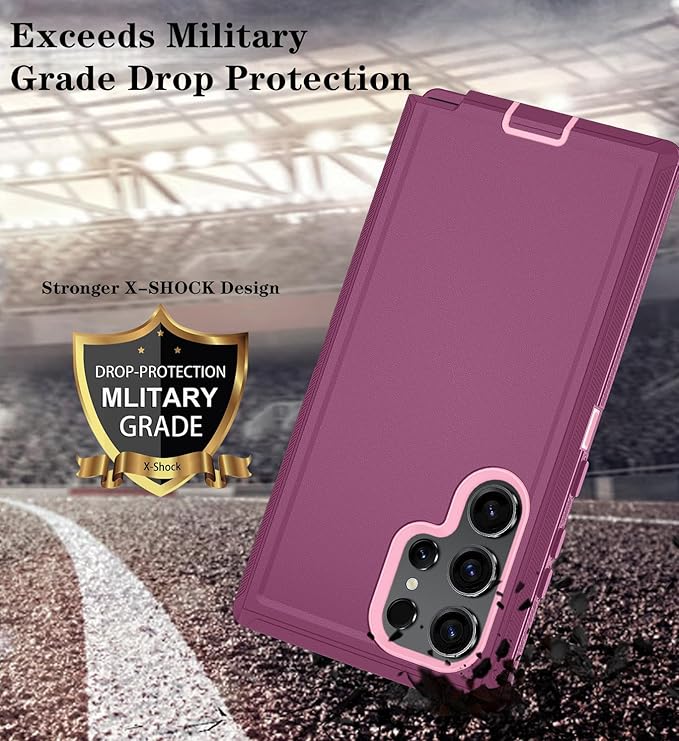 ONOLA Compatible with Samsung Galaxy S24 Ultra Case with HD Screen Protector, Heavy Duty Shockproof & Dropproof 3-Layer Cover Phone Case,WineRedPink
