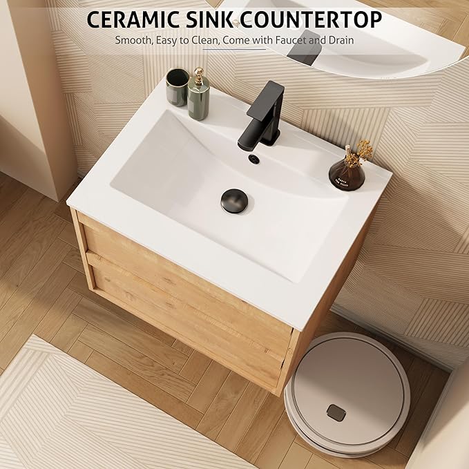 eclife 24" Floating Bathroom Vanity Sink Combo, Wall Mounted Modern Minimalist Storage Cabinet with 2 Drawers, Include Sink, Faucet & Drain, Natural