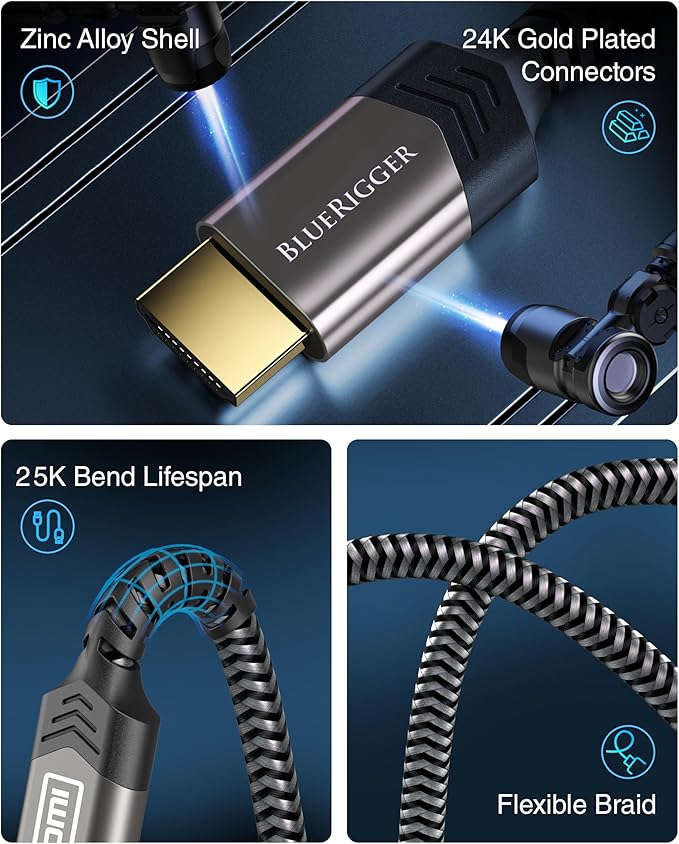 BlueRigger HDMI Cable 8K (15FT, 8K 60Hz HDR, High Speed 48Gbps, HDMI Braided Cord, eArc, HDCP 2.3) - Compatible with PS5, Xbox, Roku, Apple TV, HDTV, Blu-ray, PC