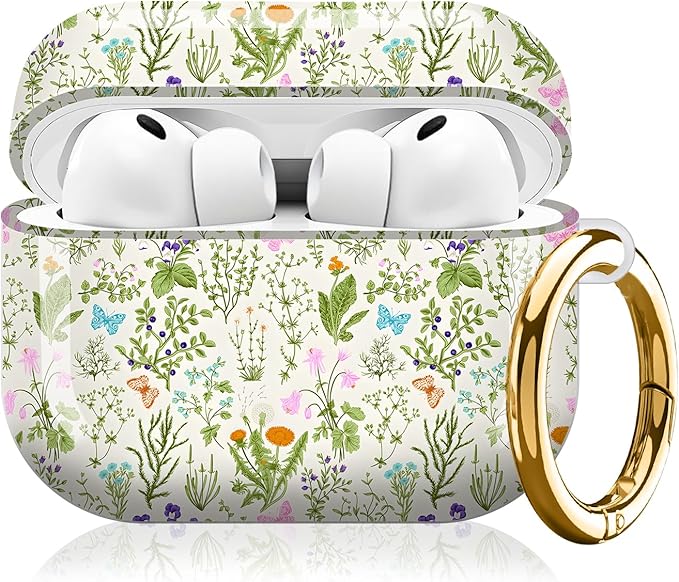Compatible with AirPod Pro 3 (2025),Cute Case Cover for Women & Men, Full Protection Shockproof Hard Case with Keychain, Wireless Charging Case Accessories(Flowers Butterfly Plants)