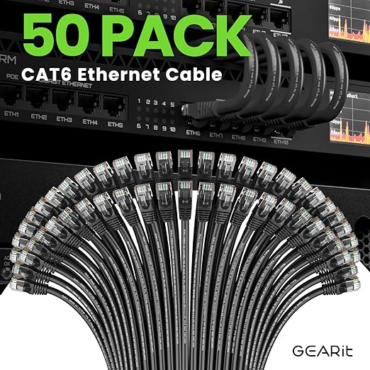 GEARit Cat 6 Ethernet Cable Pack - 50-Pack 3 ft Cat6 Ethernet Patch Cables | RJ45 Network Patch Cable, 10 Gbps Snagless Gold-Plated Connectors - Ethernet Cable Cat 6 for PC, TV, Router - Black