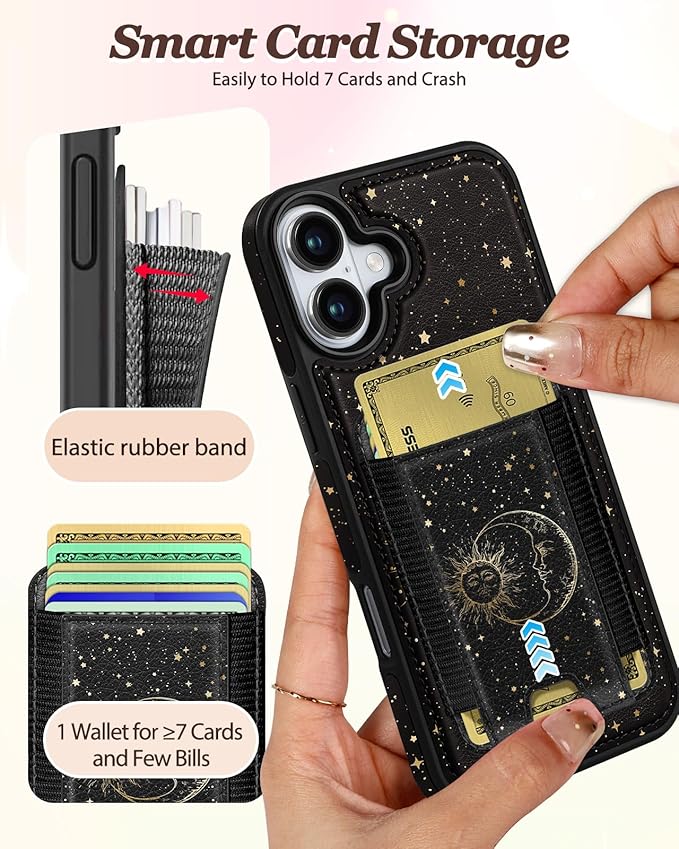 Shorogyt for iPhone 16 Wallet Case - Fits 5 Cards, Compatible with Magsafe Detachable Magnetic Credit Card Holder Leather Cardholder Cute Phone Cover Women Girls for Apple 16, Sun Moon