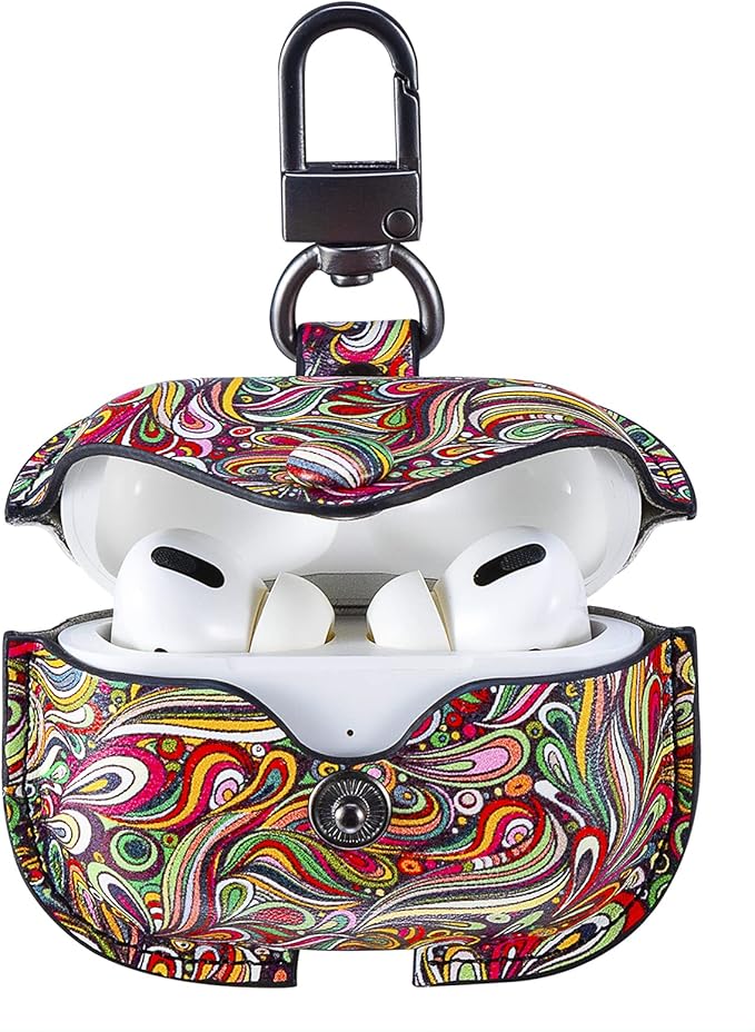 Genuine Leather Case Compatible with AirPods Pro Case 2nd/1st Gen (2023/2022/2019), VOMA Protective Cover for Apple AirPods Pro 2/Pro Wireless Charging Case with Keychain and Snap Lock Paisley
