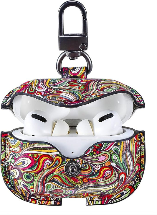 Genuine Leather Case Compatible with AirPods Pro Case 2nd/1st Gen (2023/2022/2019), VOMA Protective Cover for Apple AirPods Pro 2/Pro Wireless Charging Case with Keychain and Snap Lock Paisley