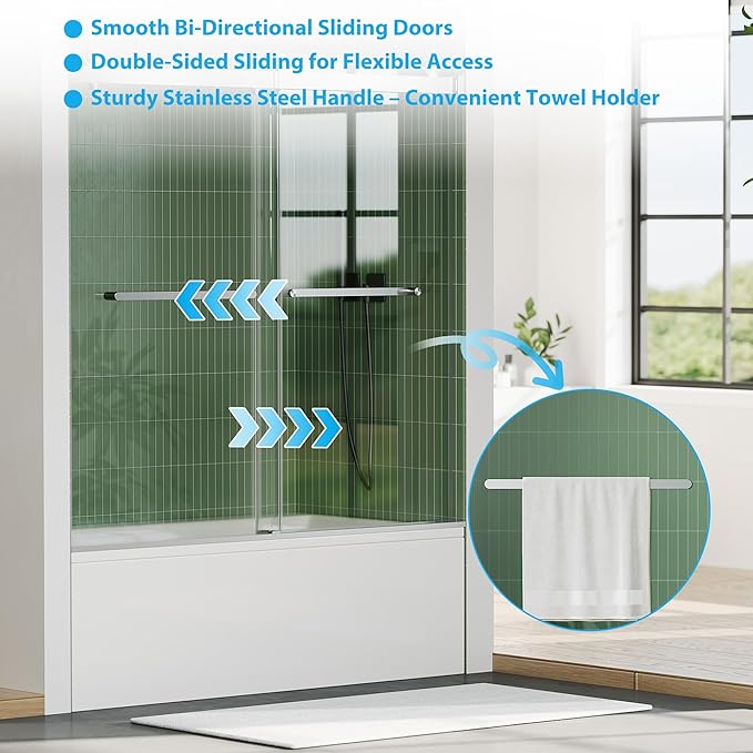 Frameless Bathtub Shower Door 56–60 Inch W × 59 Inch H, Sliding Tub Door, Sliding Shower Panels, 6mm Tempered Glass, Square Stainless Steel Track, Brushed Stainless