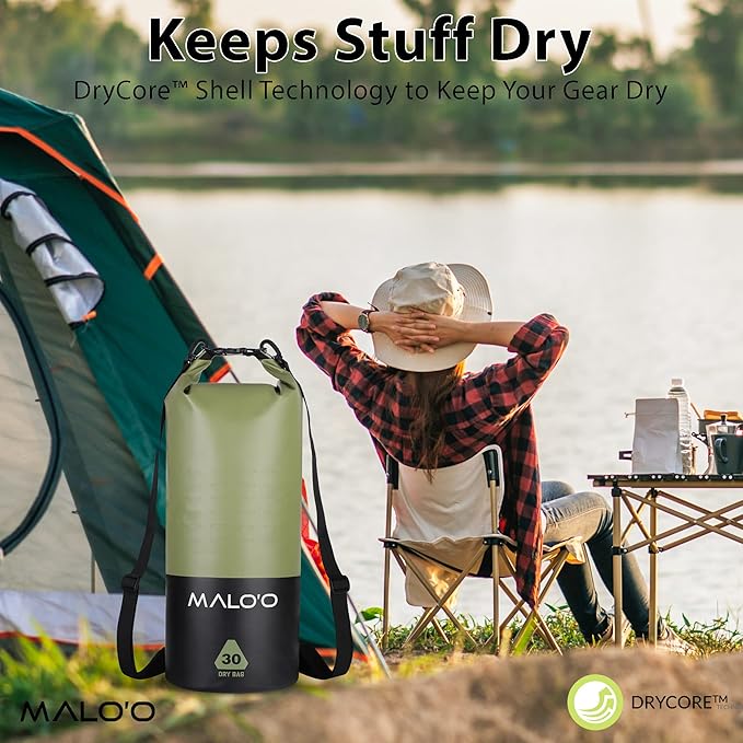 Malo?™o DryPack 30L Waterproof Kayak Dry Bag, Heavy Duty Roll-Top Dry Bag with MOLLE Grid and Carry Straps for Fishing, Paddle Boarding, Boating, Camping, and Travel, Green