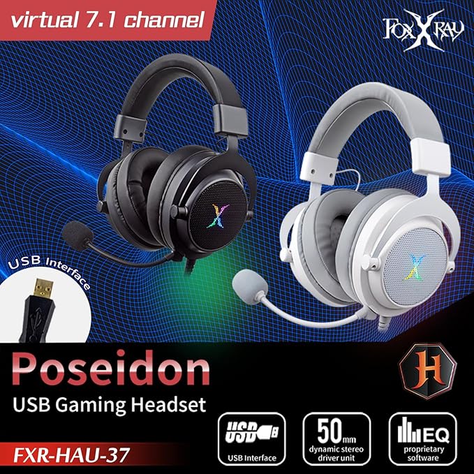 FOXXRAY HAU-37 USB Gaming Headset for PC, Computer Headphones with Microphone, 7.1 Surround Sound, 50MM Dynamic Drivers, RGB Light, Wired Headphones for PS4, PS5, Laptop