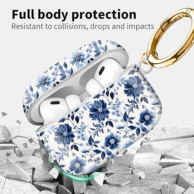 Compatible with Airpod pro 2nd/1st Generation Case Cover with Gold Round Keychain Cute Pattern Hard & Anti Slip Cover for Men Women & Girls（Blue and White）