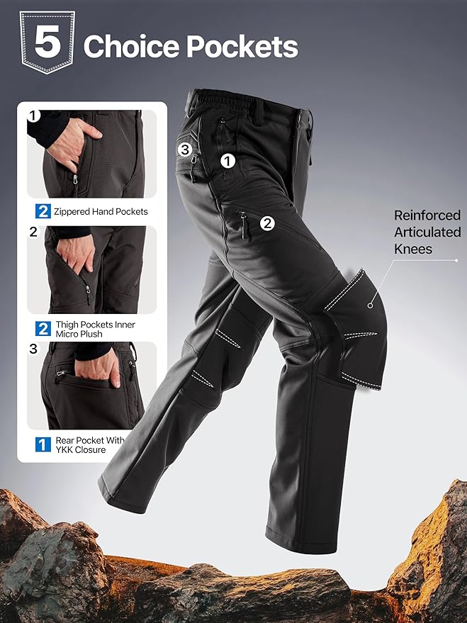 FREE SOLDIER Men's Fleece Lined Outdoor Cargo Hiking Pants Water Repellent Softshell Snow Ski Pants with Zipper Pockets