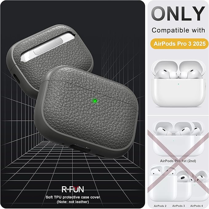 R-fun for AirPods Pro 3 Case 2025, Soft TPU (Leather-Like Design) Drop Protection Cover for Men and Women with Lanyard and Cleaner Kit, Compatible with Apple AirPods Pro 3rd Generation-Grey