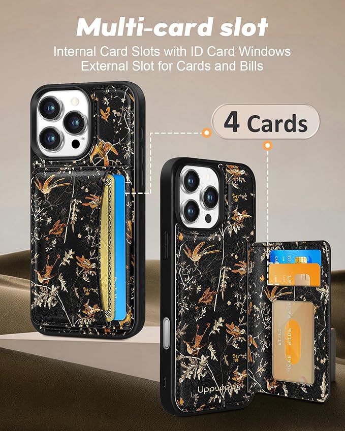 for iPhone 16 Pro Max Case with Wallet - Fits 4 Card Slots, Compatible with MagSafe for Women Aesthetic PU Leather Credit Card Holder Kickstand Phone Cover for Apple 16 Promax, Yellow Bird