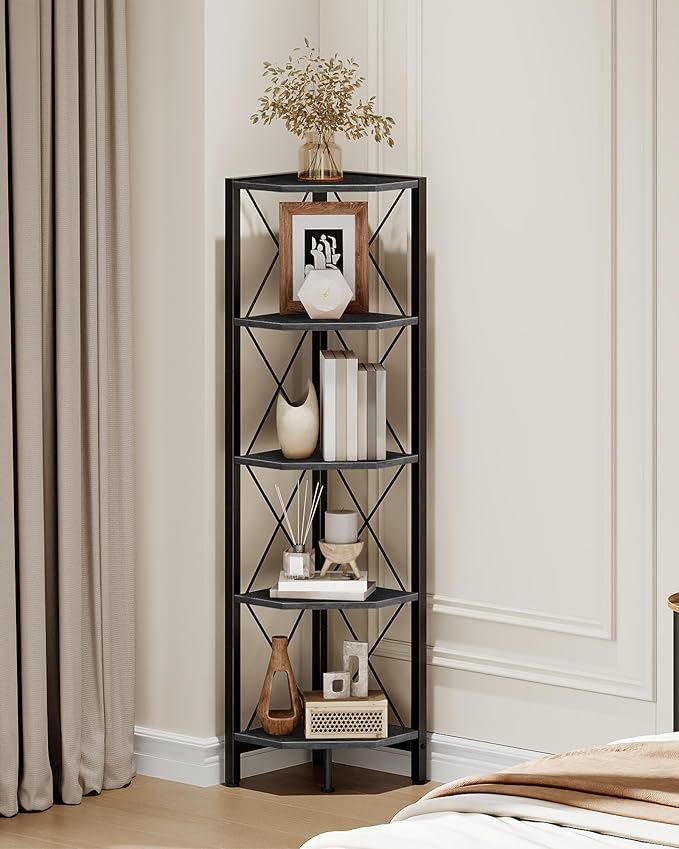 5-Tier Corner Shelf, Corner Bookcase, 55.2" Tall Vertical Display Rack, Plant Stand, Open Storage Shelf, for Living Room, Bedroom, Study, Kitchen, Black TCJ12BB