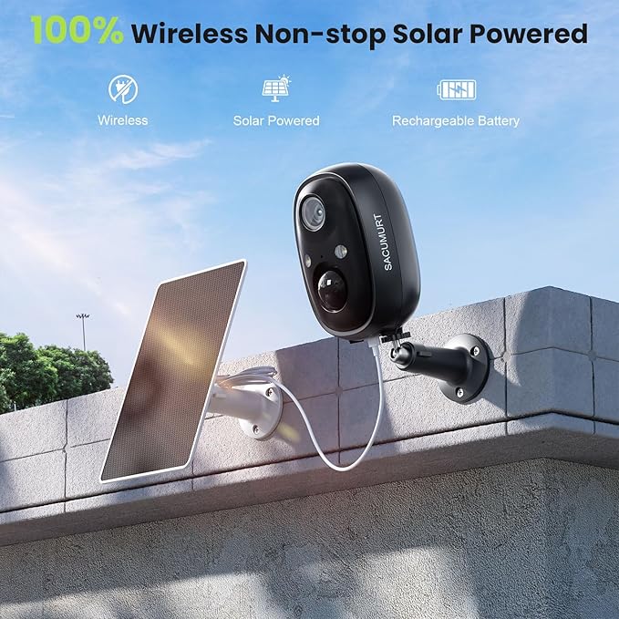 WiFi Cameras for Home Security, Solar Powered Security Cameras Wireless Outdoor, Outdoor Camera Wireless, PIR Motion Detection, Color Night Vision, Compatible with Alexa & Google Home, Storage 4-Pack