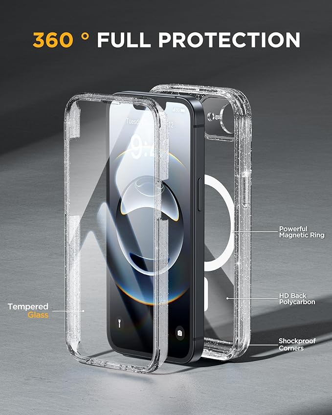 Miracase for iPhone 17e Case & iPhone 16e Case, Full-Body Phone with Built-in Glass Screen Protector, [Magnetic with MagSafe] Military Drop Proof 17 E/ 16 E Cover Bumper 6.1 inch, Clear Glitter