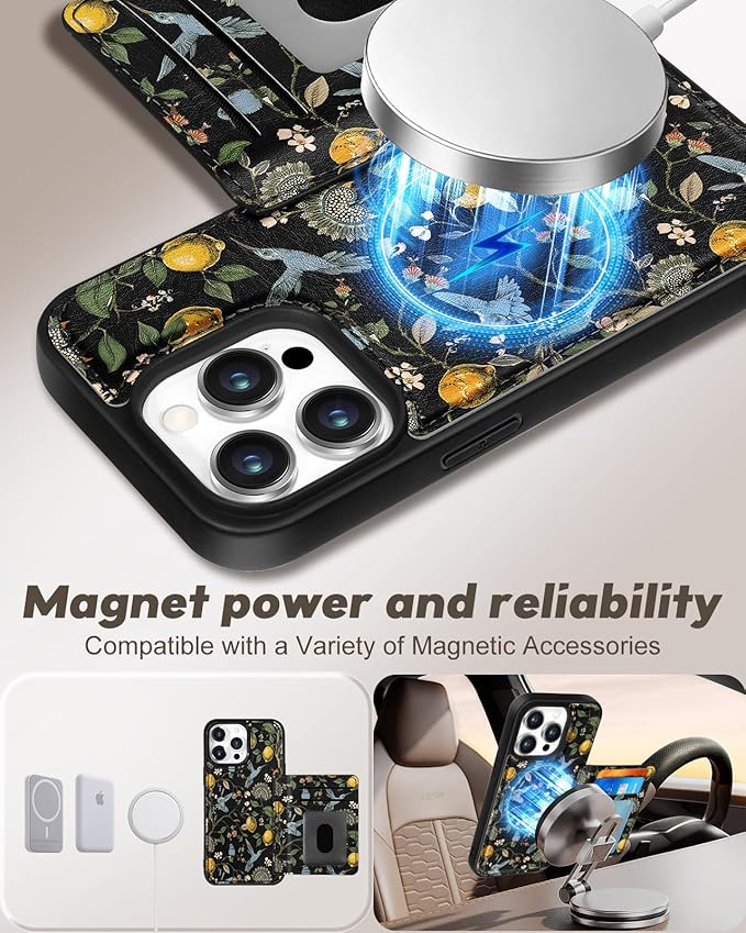 for iPhone 13 Pro Max Case with Wallet - Fits 4 Card Slots, Compatible with MagSafe for Women Aesthetic PU Leather Credit Card Holder Kickstand Phone Cover for Apple 13 Promax, Lemon Bird