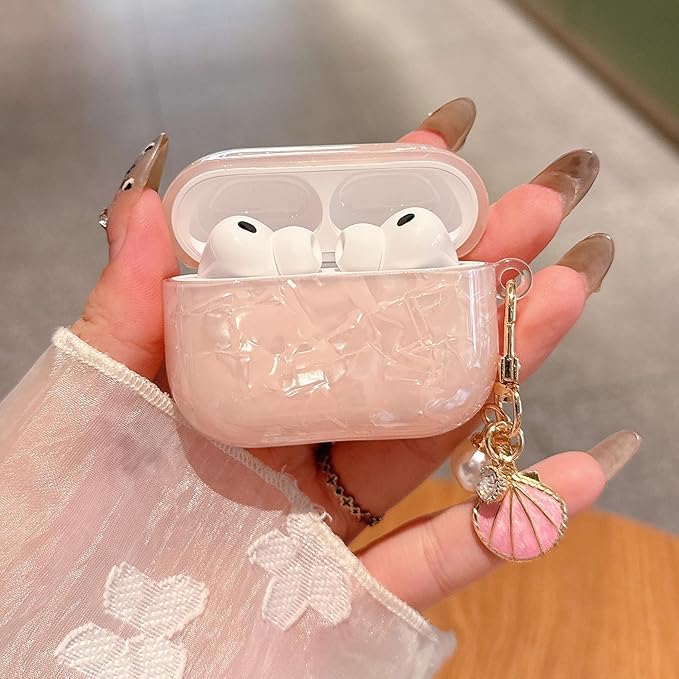 for AirPod Pro 3 Case 2025 Cute Luxury Marble TPU Protective Cover with Glitter Shell Pearl Keychain Compatible for AirPods Pro 3rd Generation Case for Women Girls (Pink)