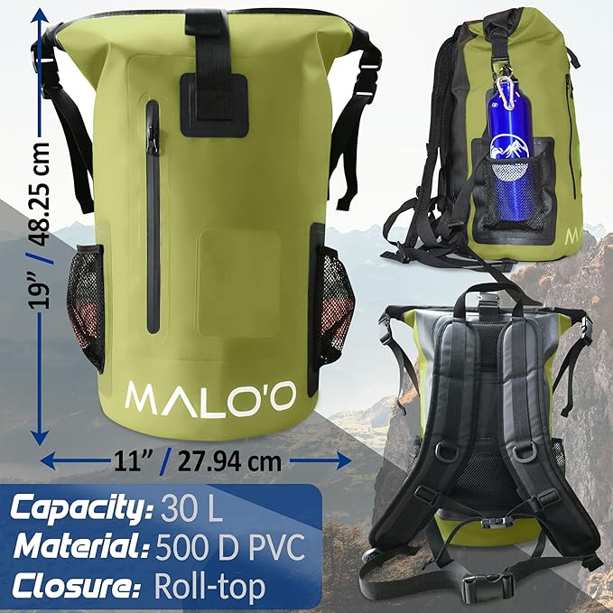 Malo?™o DryPack 30L Waterproof Backpack, Roll-Top Dry Bag Backpack with Padded Straps, Floating Design for Beach, Kayaking, Fishing, Boating, Travel, and Water Sports, Dark Green