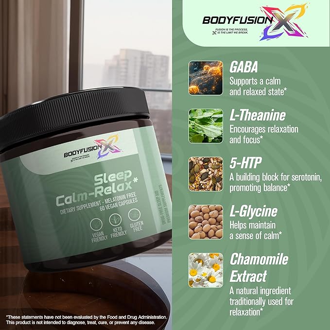 BodyFusionX Sleep Calm-Relax with KSM-66® Ashwagandha & L-Theanine – Natural Sleep Support Supplement, Stress Relief & Post-Workout Recovery – Melatonin-Free, Non-Habit Forming, Vegan Capsules