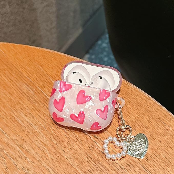 for Airpod 4 Case Cute Romantic Love Shell Pearl Protective Cover with Keychain Compatible with Airpods 4th Generation Case 2024 for Girls Women (Hot Pink Hearts)