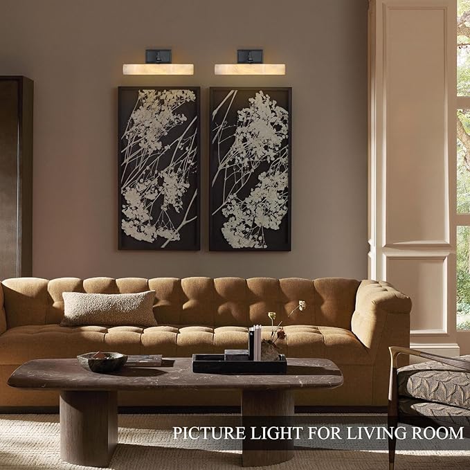 Alabaster Picture Light Hardwired, Modern Spanish Marble Bathroom Lights over Mirror, 12in Black Vanity Lights for Wall, Dimmable Gallery Light, Picture Frame Light for Painting, Artwork, Bookcase