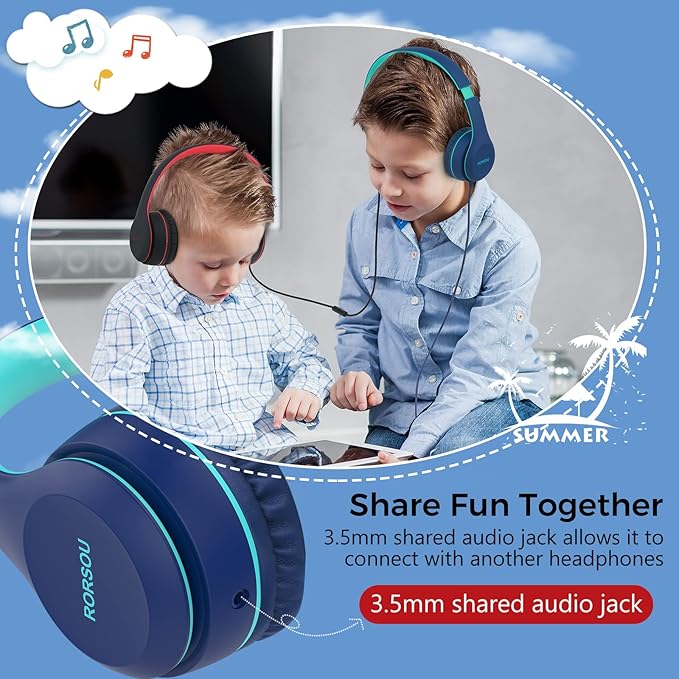RORSOU K5 Kids Headphones with Microphone for shchool, Volume Limiter 85/94dB, Foldable Stereo Tangle-Free 3.5mm Jack Wired Cord On-Ear Headphones for Children/Boys/Girls/Kindle/Tablet/MP3/4 (Blue)