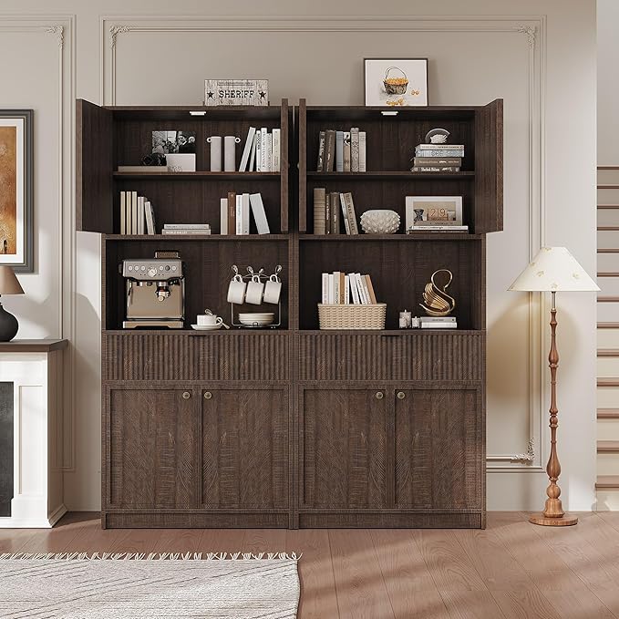 Garvee Tall Kitchen Pantry Cabinet, 70 in Pantry Storage Cabinet with Countertop, Fluted Kitchen Hutch Cabinets with Doors and Drawer, Freestanding Cupboard for Dining Room, Living Room, Brown