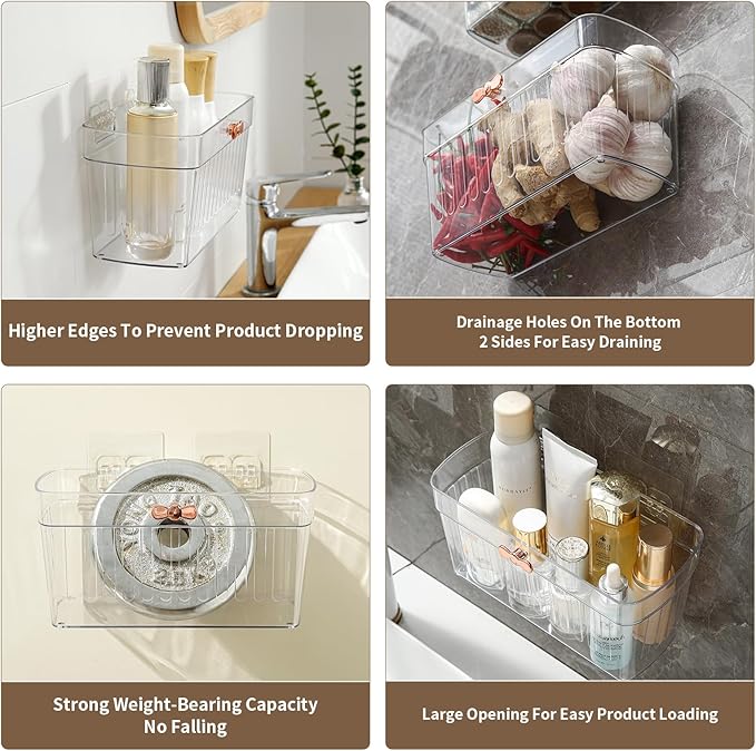 3 Pack Adhesive Cabinet Door Organizer, Kitchen Under Sink Organizer Caddy, Clear Plastic Storage Bins for Pantry, No-drill Wall Storage Box, Hanging Makeup Organizer Floating Shelf for Bathroom